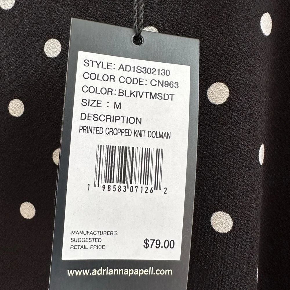 Adrianna Papell Blouse Women’s Size Medium Black Polka Dot Cropped Dolman NWT - Picture 8 of 8
